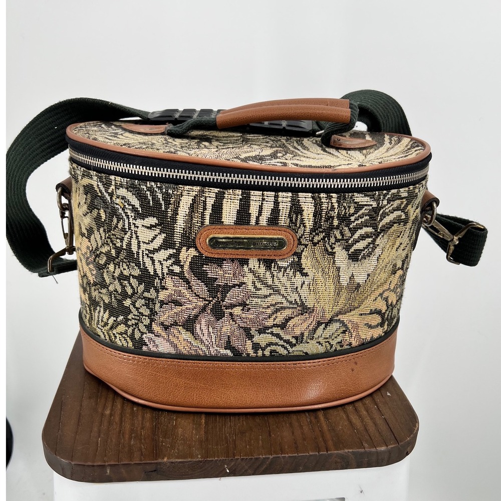 American Tourister Vintage Floral Tapestry Train Case‎ Vanity Bag Brown Green